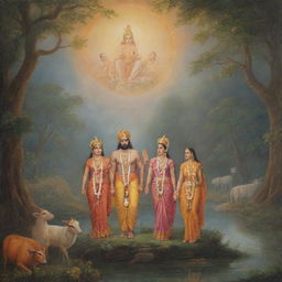 A dreamy, mystical scene that captures God Ram, his brother Laxman and wife Sita at the moment of their exile, surrounded with ethereal beauty.