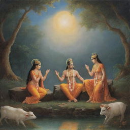 A dreamy, mystical scene that captures God Ram, his brother Laxman and wife Sita at the moment of their exile, surrounded with ethereal beauty.