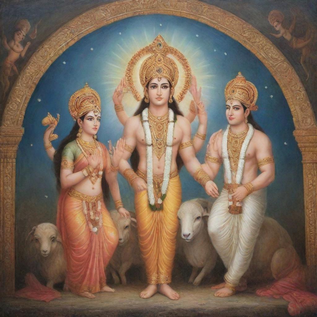 A dreamy, ethereal scene featuring God Ram, his brother Laxman and his wife Sita, imbued with divine radiance and harmony.