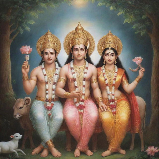 A dreamy, ethereal scene featuring God Ram, his brother Laxman and his wife Sita, imbued with divine radiance and harmony.