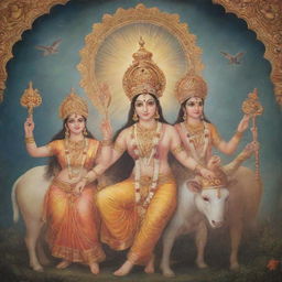 A dreamy, ethereal scene featuring God Ram, his brother Laxman and his wife Sita, imbued with divine radiance and harmony.