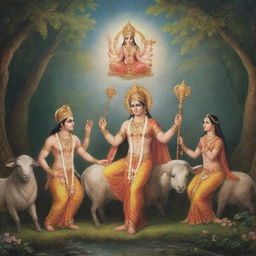 A dreamy, ethereal scene featuring God Ram, his brother Laxman and his wife Sita, imbued with divine radiance and harmony.