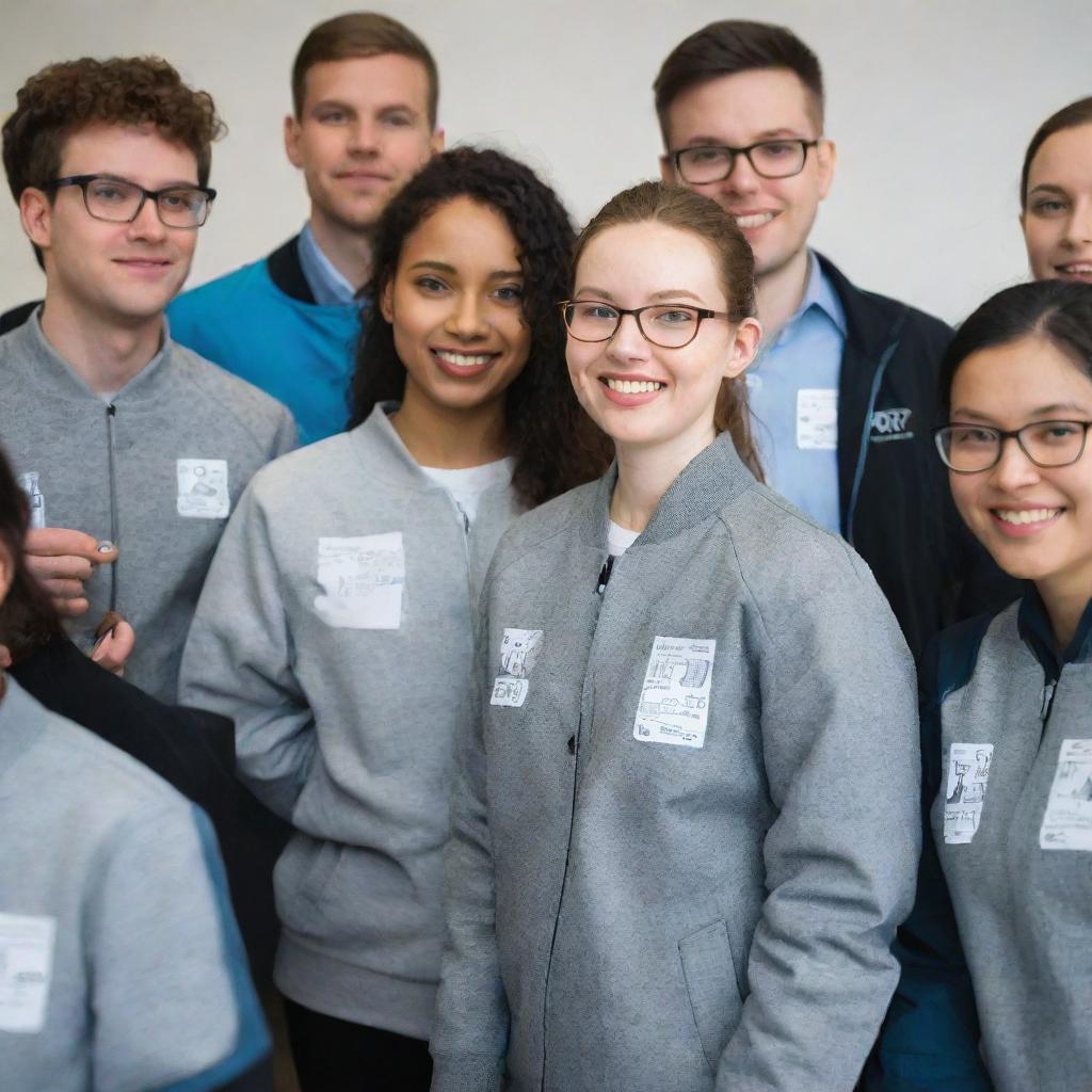 A group of people enthusiastically discussing the design of information technology themed jackets. Illustrate various tech-inspired designs on their papers and their facial expressions filled with intense concentration and creativity.