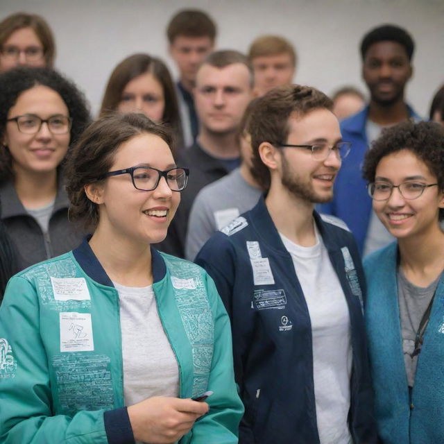 A group of people enthusiastically discussing the design of information technology themed jackets. Illustrate various tech-inspired designs on their papers and their facial expressions filled with intense concentration and creativity.