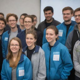 A group of people enthusiastically discussing the design of information technology themed jackets. Illustrate various tech-inspired designs on their papers and their facial expressions filled with intense concentration and creativity.