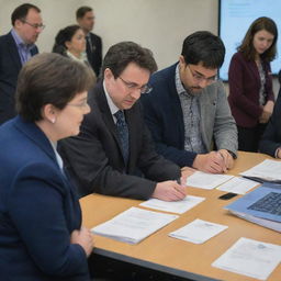 A group of people engaged in a discussion on the design of jackets related to the field of information technology, displayed on a table in front of them.