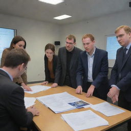 A group of people engaged in a discussion on the design of jackets related to the field of information technology, displayed on a table in front of them.