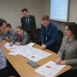 A group of people engaged in a discussion on the design of jackets related to the field of information technology, displayed on a table in front of them.