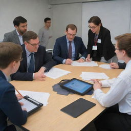 A group of people engaged in a discussion on the design of jackets related to the field of information technology, displayed on a table in front of them.