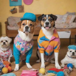 Dogs wearing funky, colorful clothes from a thrift store, surrounded by secondhand items