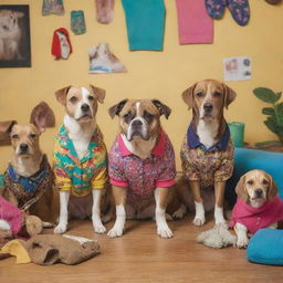 Dogs wearing funky, colorful clothes from a thrift store, surrounded by secondhand items