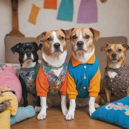 Dogs wearing funky, colorful clothes from a thrift store, surrounded by secondhand items