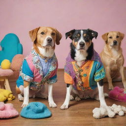 Dogs wearing funky, colorful clothes from a thrift store, surrounded by secondhand items