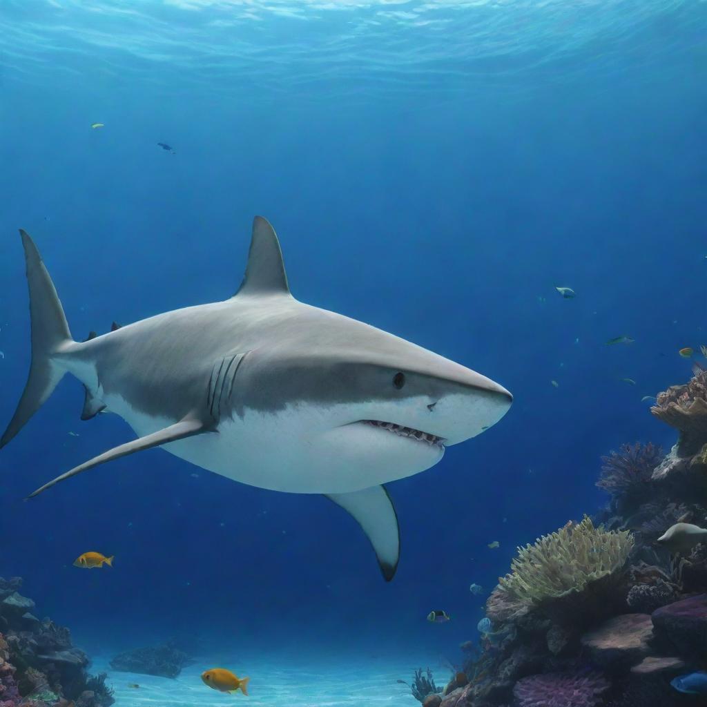 An animated shark curiously observing a fish in underwater surroundings