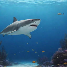 An animated shark curiously observing a fish in underwater surroundings