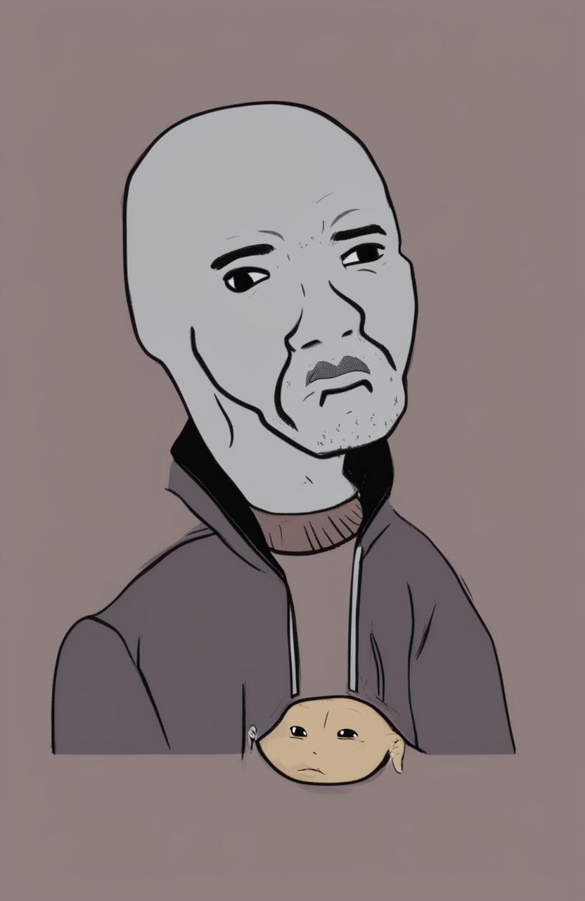 A digital art piece featuring a cartoon character that blends Drake and the Wojak meme, expressing sadness