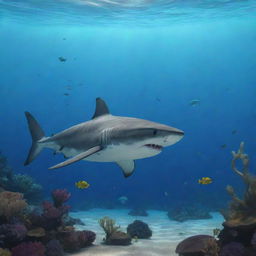 An animated shark curiously observing a fish in underwater surroundings