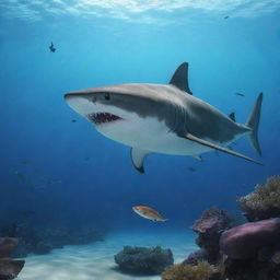 An animated shark curiously observing a fish in underwater surroundings