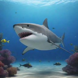 A lively animated shark curiously observing a fish in its aquatic environment