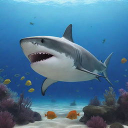 A lively animated shark curiously observing a fish in its aquatic environment