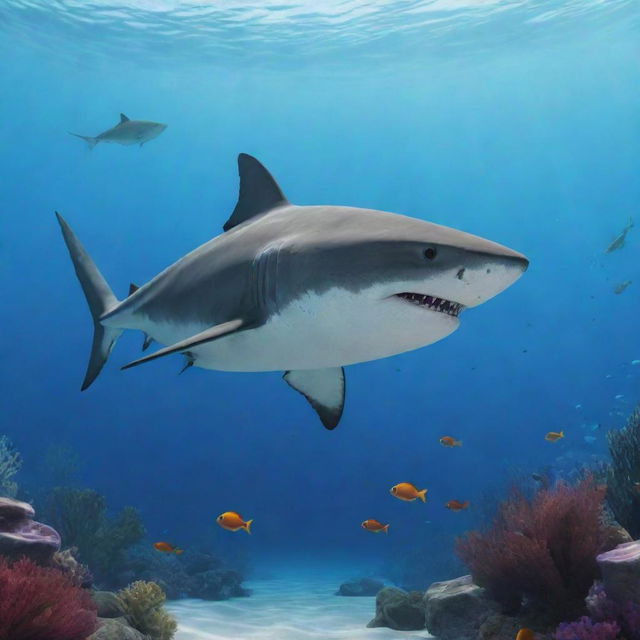 A lively animated shark curiously observing a fish in its aquatic environment