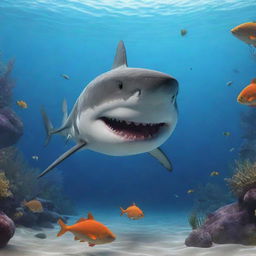 A lively animated shark curiously observing a fish in its aquatic environment