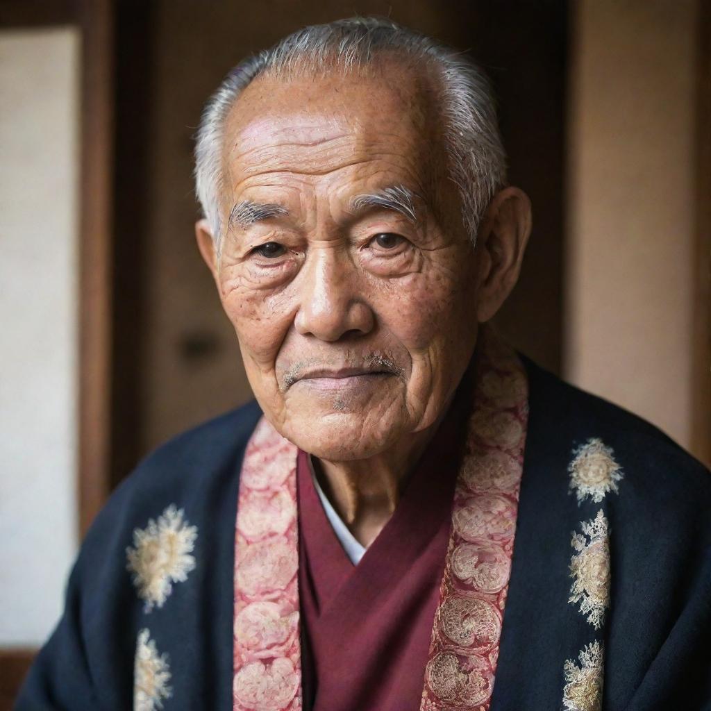 An elderly man, Asian in origin, wearing traditional clothing and radiating warmth and wisdom.