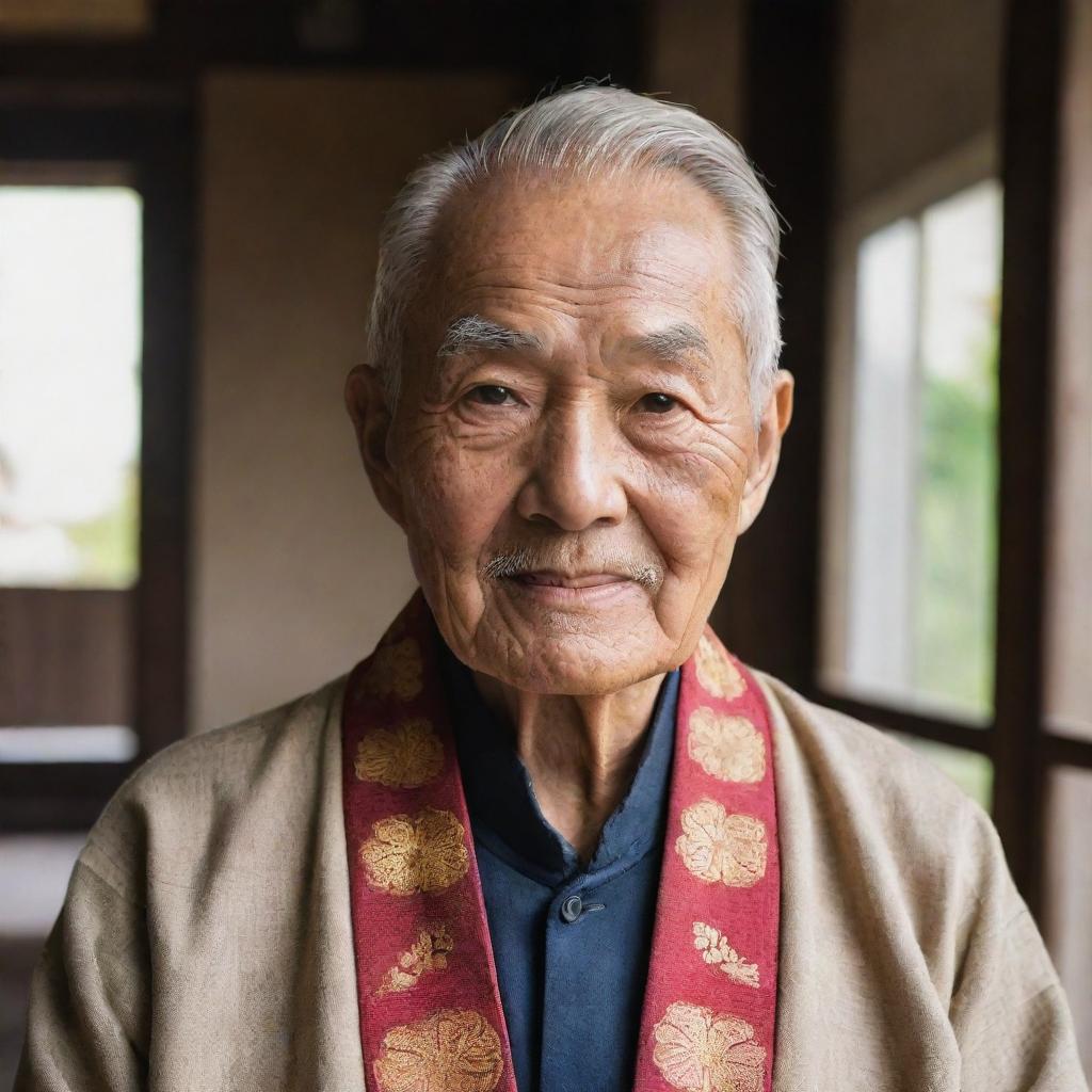 An elderly man, Asian in origin, wearing traditional clothing and radiating warmth and wisdom.