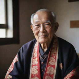 An elderly man, Asian in origin, wearing traditional clothing and radiating warmth and wisdom.