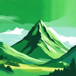 A striking digital art image featuring a majestic green mountain under a serene sky