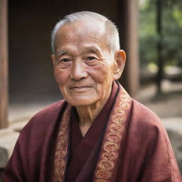 An elderly man, Asian in origin, wearing traditional clothing and radiating warmth and wisdom.