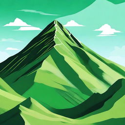 A striking digital art image featuring a majestic green mountain under a serene sky