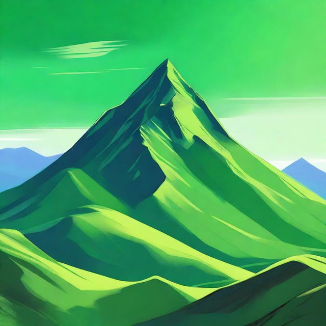 A striking digital art image featuring a majestic green mountain under a serene sky