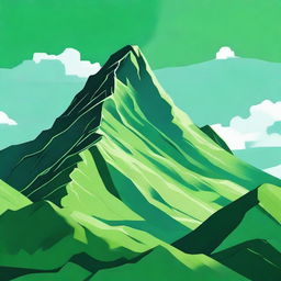 A striking digital art image featuring a majestic green mountain under a serene sky