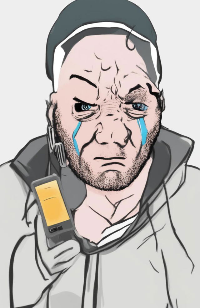 A high-quality digital art image of an angry, crying Wojak character styled as Drake, holding a phone to his ear, rendered in a cartoonish style with vibrant colors