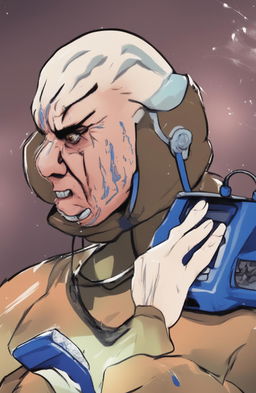 A high-quality digital art image of an angry, crying Wojak character styled as Drake, holding a phone to his ear, rendered in a cartoonish style with vibrant colors