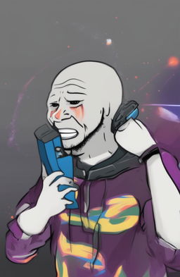 A high-quality digital art image of an angry, crying Wojak character styled as Drake, holding a phone to his ear, rendered in a cartoonish style with vibrant colors