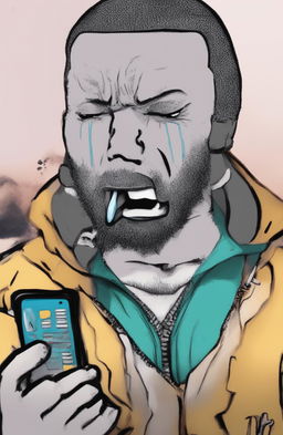 A high-quality digital art image of an angry, crying Wojak character styled as Drake, holding a phone to his ear, rendered in a cartoonish style with vibrant colors