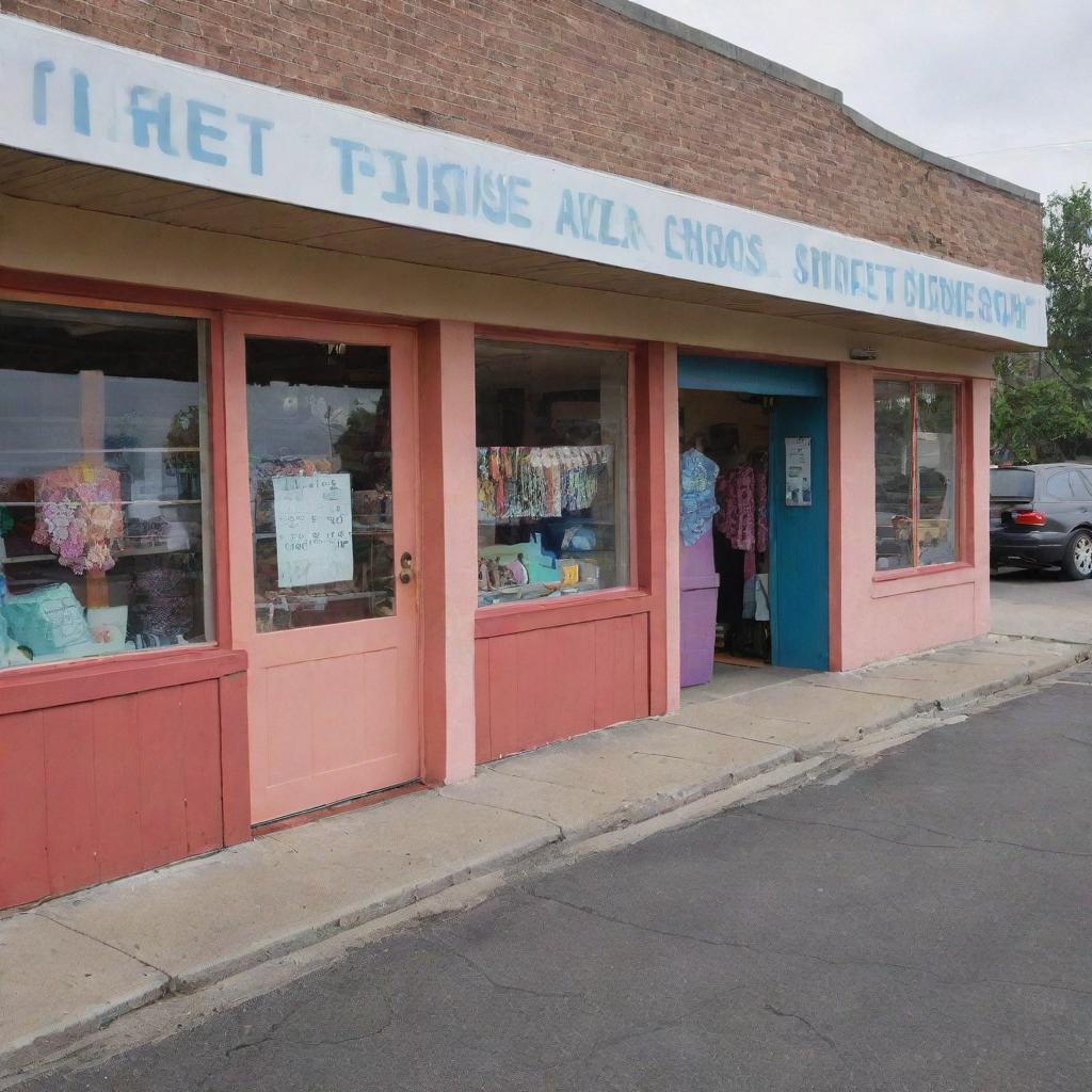 An exterior view of a well-organized, inviting, and colorful thrift shop, seen from a profile angle