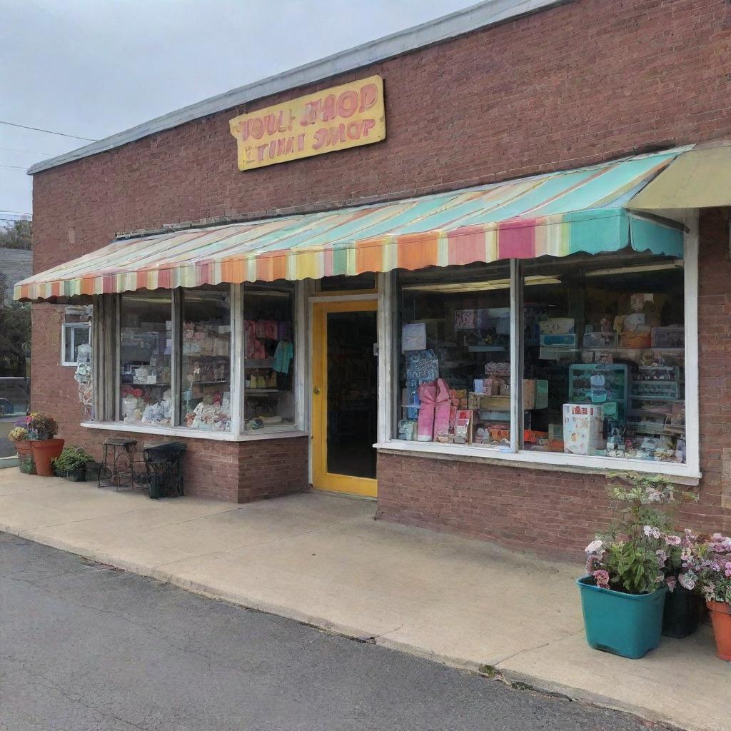 An exterior view of a well-organized, inviting, and colorful thrift shop, seen from a profile angle