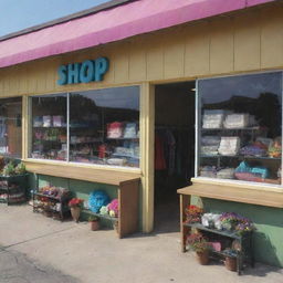 An exterior view of a well-organized, inviting, and colorful thrift shop, seen from a profile angle