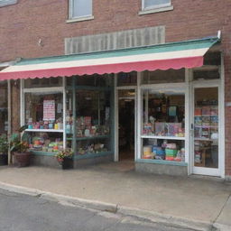 An exterior view of a well-organized, inviting, and colorful thrift shop, seen from a profile angle