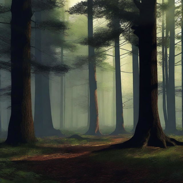 A high-quality digital art image, showcasing a highly realistic, dark forest