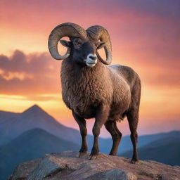 A majestic ram standing proudly on a mountain peak against a vibrant sunset sky