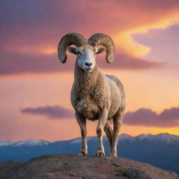 A majestic ram standing proudly on a mountain peak against a vibrant sunset sky