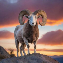 A majestic ram standing proudly on a mountain peak against a vibrant sunset sky