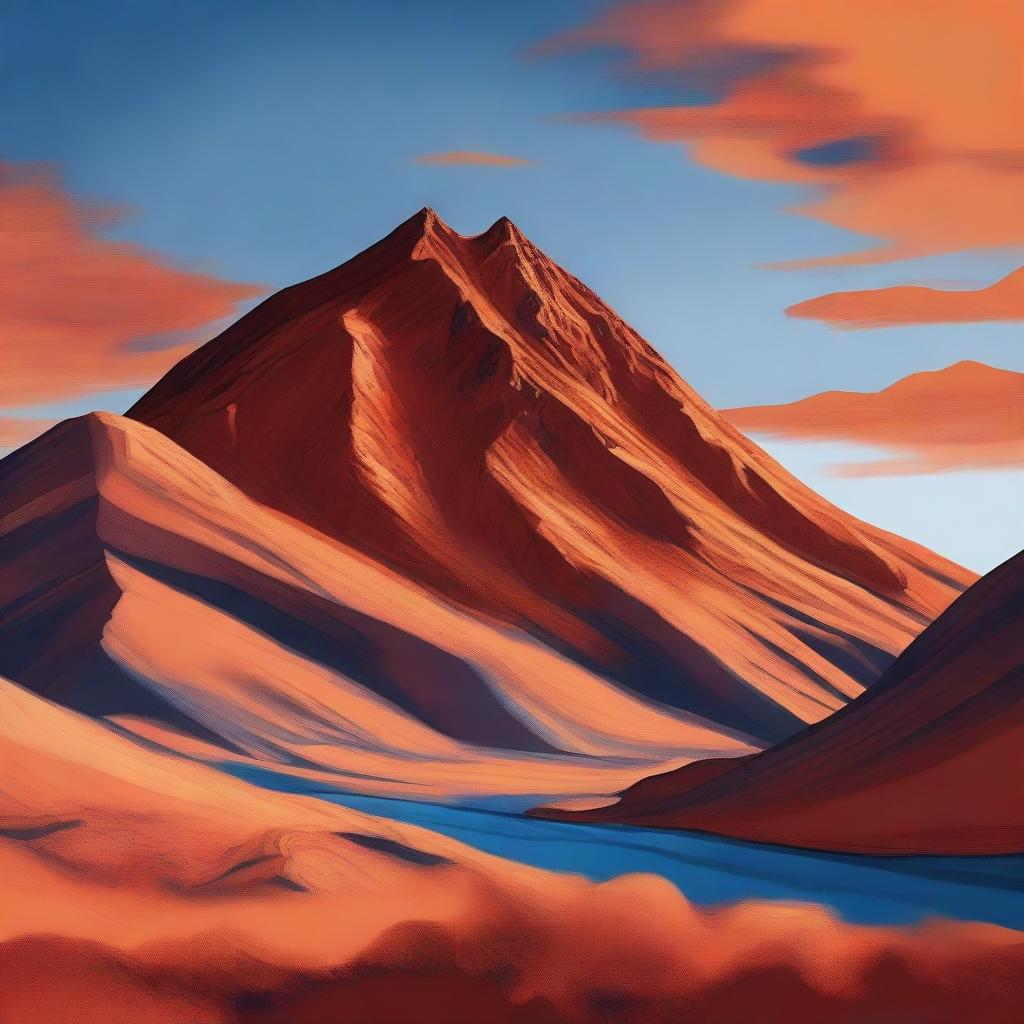 An impressive digital art image that captures an imposing orange mountain under a tranquil sky