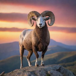 A majestic ram standing proudly on a mountain peak against a vibrant sunset sky