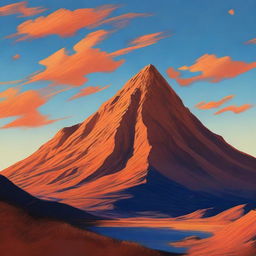 An impressive digital art image that captures an imposing orange mountain under a tranquil sky