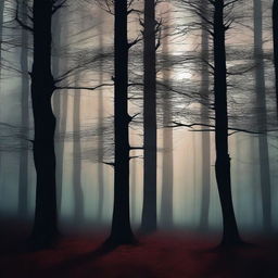 A digital art image depicting a dark forest